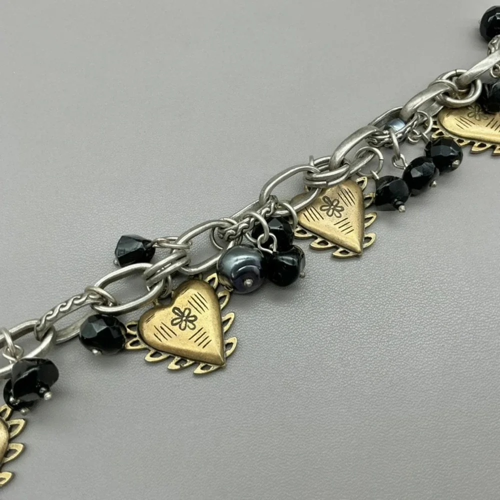 Chicos Bracelet Womens Silver Tone Gold Tone Heart Charm Black Bead 8 Inch